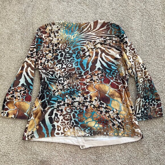 Y2K Asymmetrical Zebra & Cheetah Print Flowy V-Neck Top Brown Blue - Picture 7 of 11